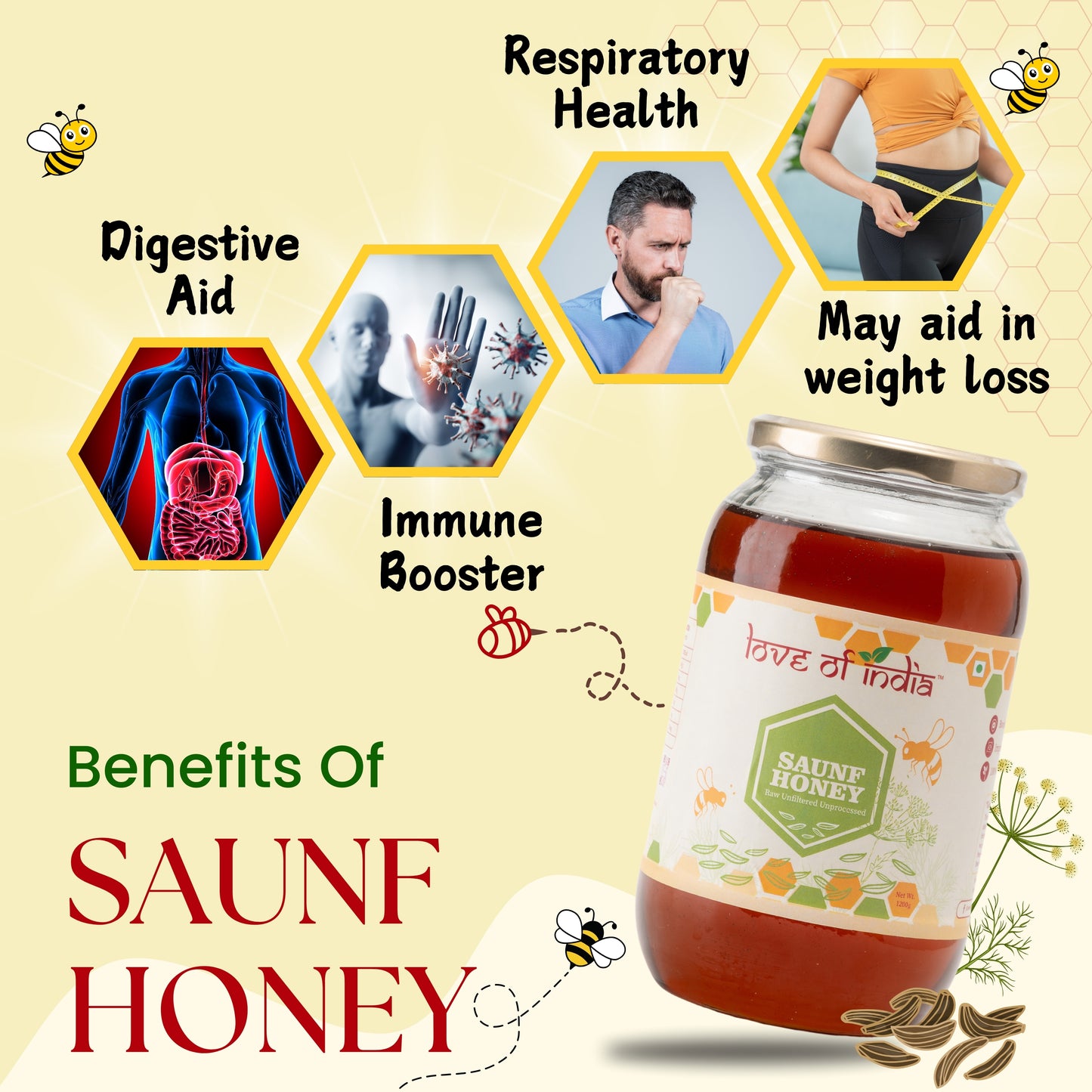 Saunf Honey (Fennel Raw Honey, Raw, Unfiltered, Unprocessed & Non-Pasteurised)