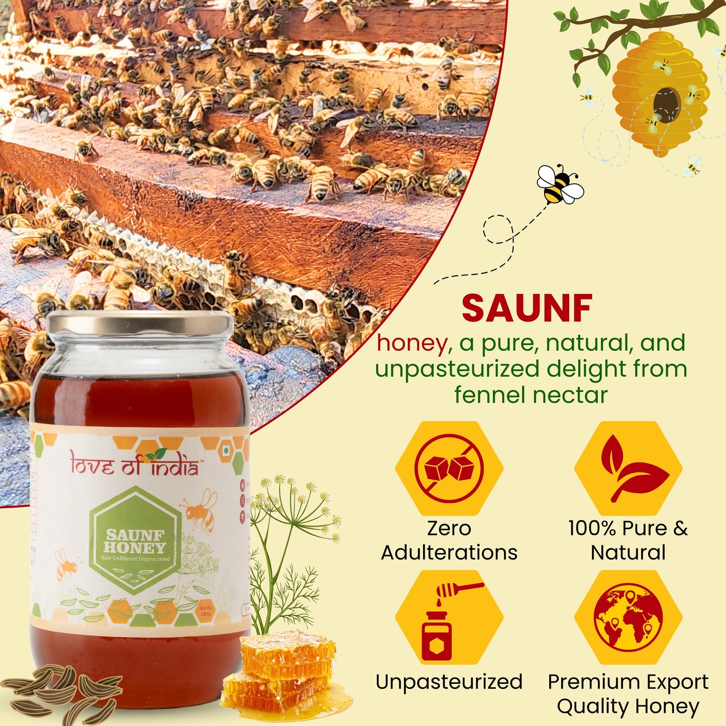 Saunf Honey (Fennel Raw Honey, Raw, Unfiltered, Unprocessed & Non-Pasteurised)
