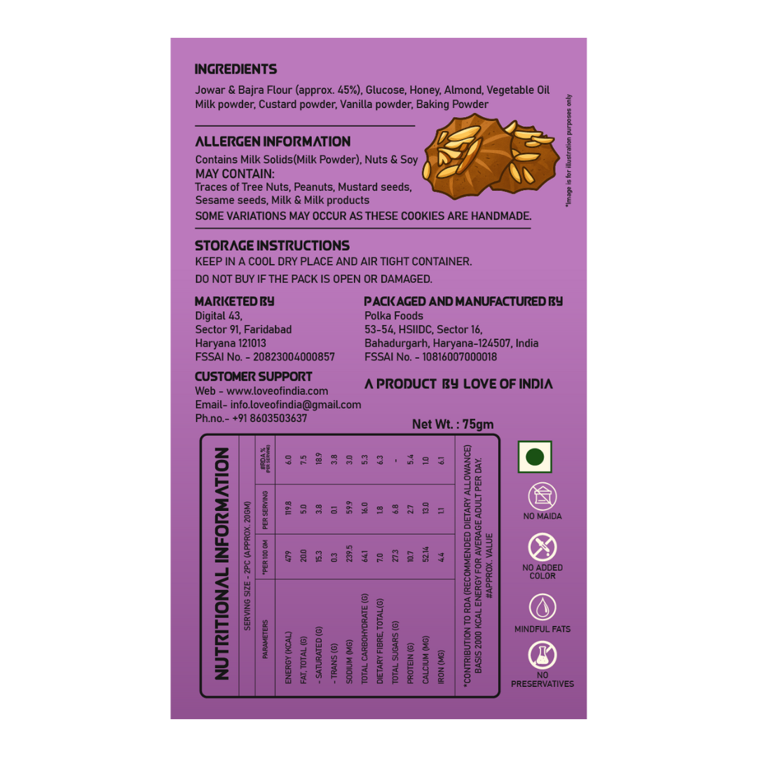 FitFibre Honey Almond Crunch Cookies | Gluten Free | No Maida | High Protein - 75gm