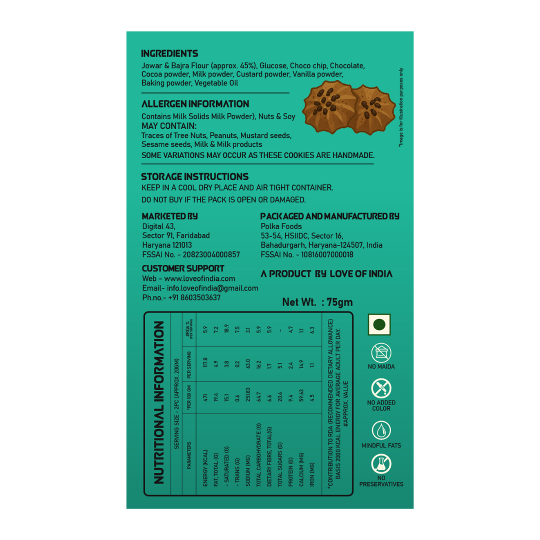 FitFibre Choco Chip Crunch Cookies | Gluten Free | No Maida | High Protein Snack - 75gm
