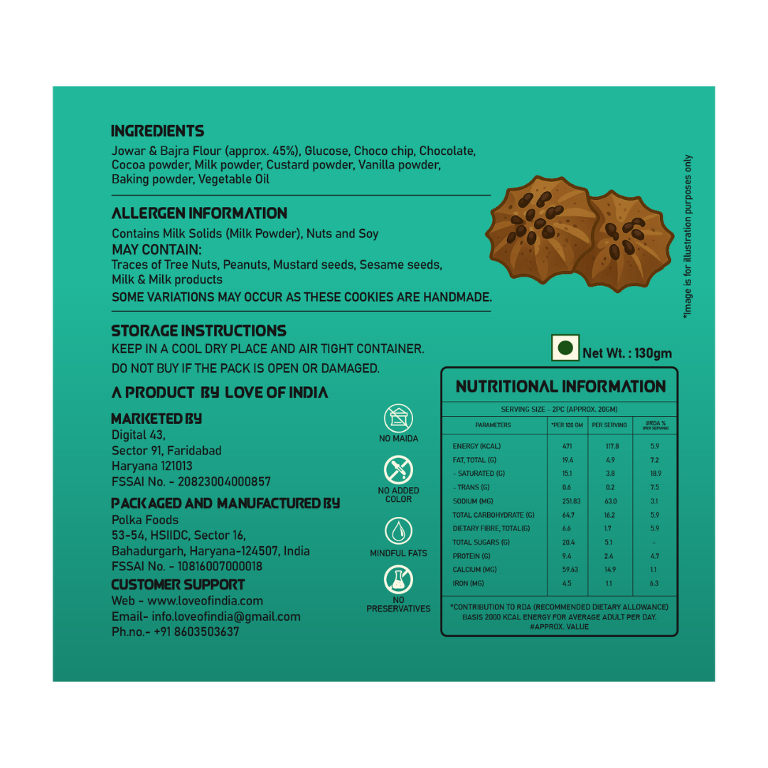 FitFibre Choco Chip Crunch Cookies | Gluten Free | No Maida | High Protein Snack - 130gm