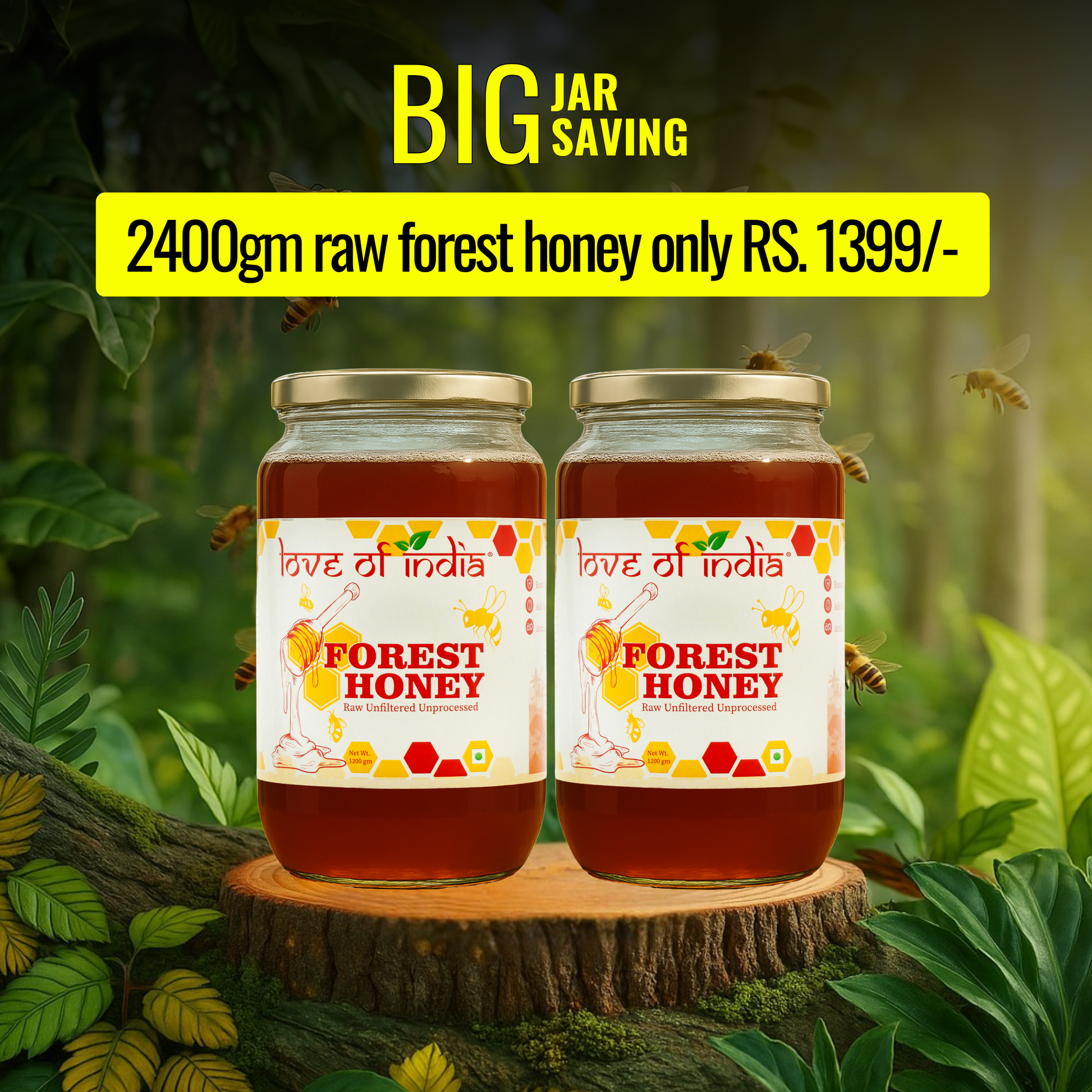 A jar of Forest Honey by Love of India brand placed in a forest setting with bees flying around it, indicating the natural and unpasteurized quality of the honey.