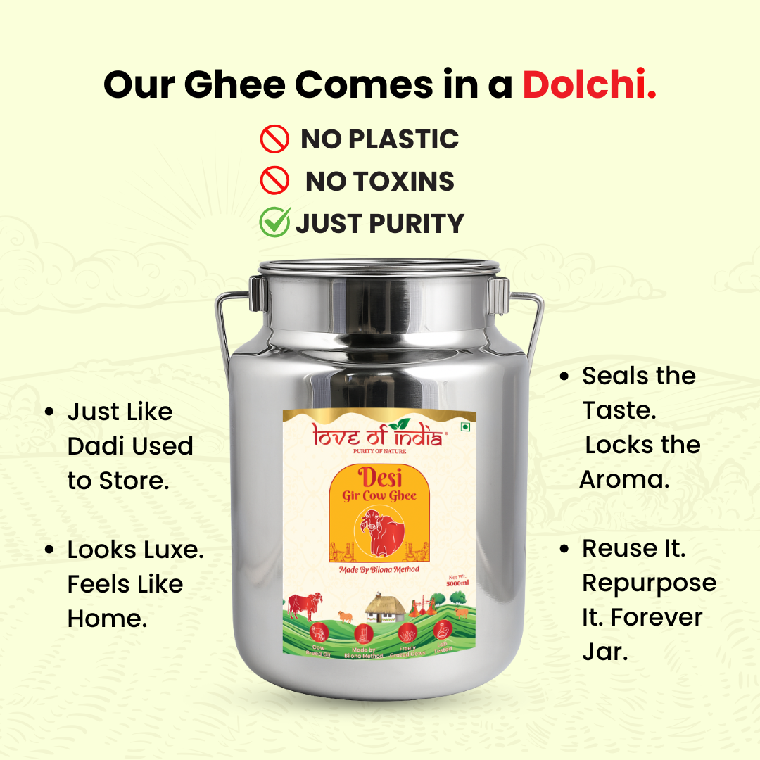Desi Vedic Gir Cow Ghee made by Bilona method | 5 Liter Desi Ghee Streel Can (Dolchi)