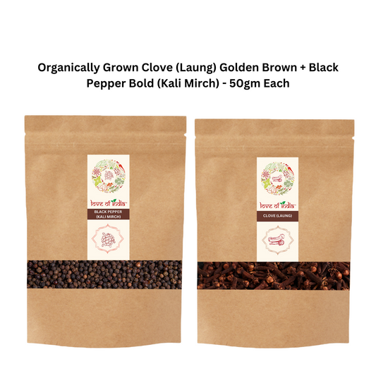 Organically Grown Clove (Laung) Golden Brown + Black Pepper Bold (Kali Mirch) - 50gm Each| Kerala (Idduki) | Premium Export Quality