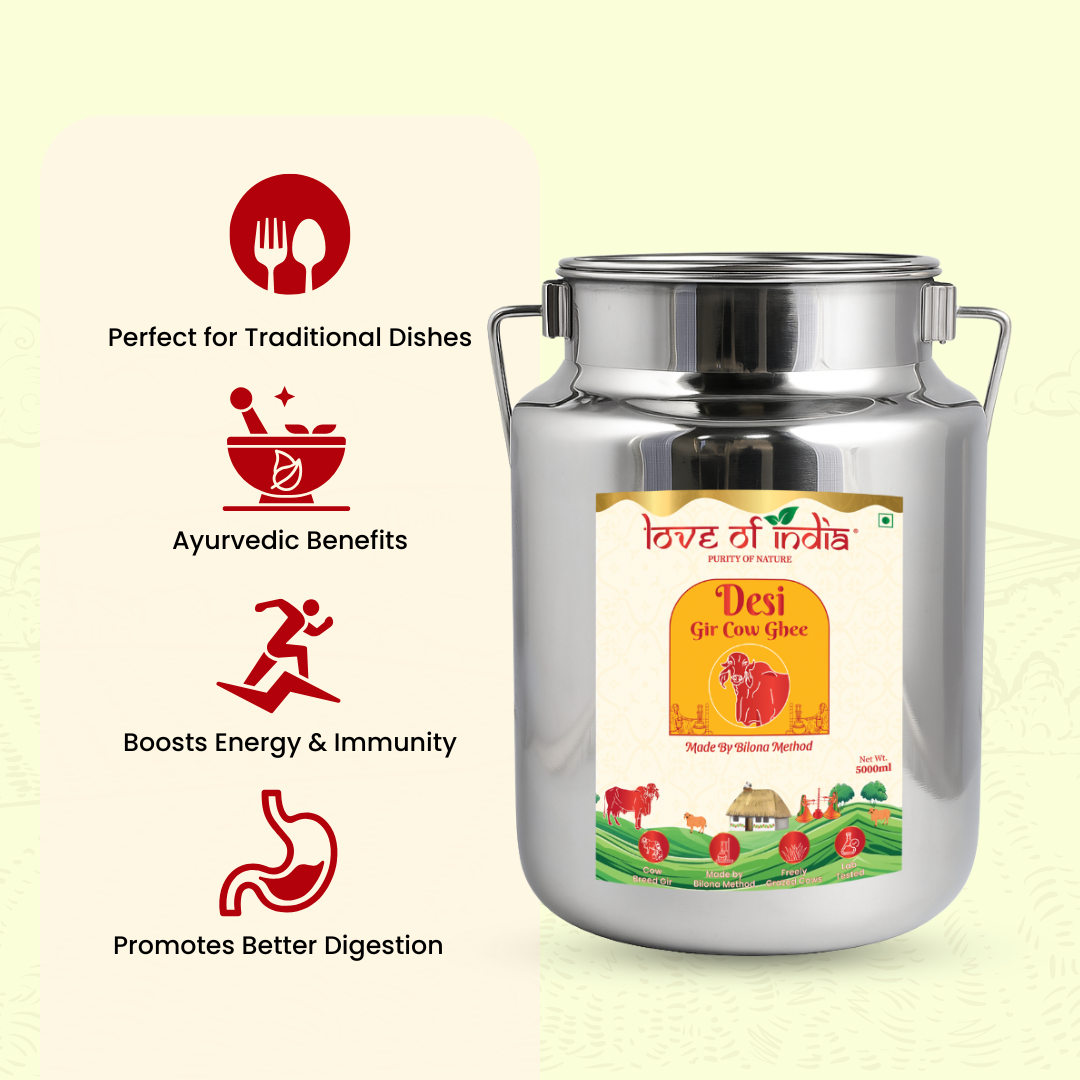 Desi Vedic Gir Cow Ghee made by Bilona method | 5 Liter Desi Ghee Streel Can (Dolchi)