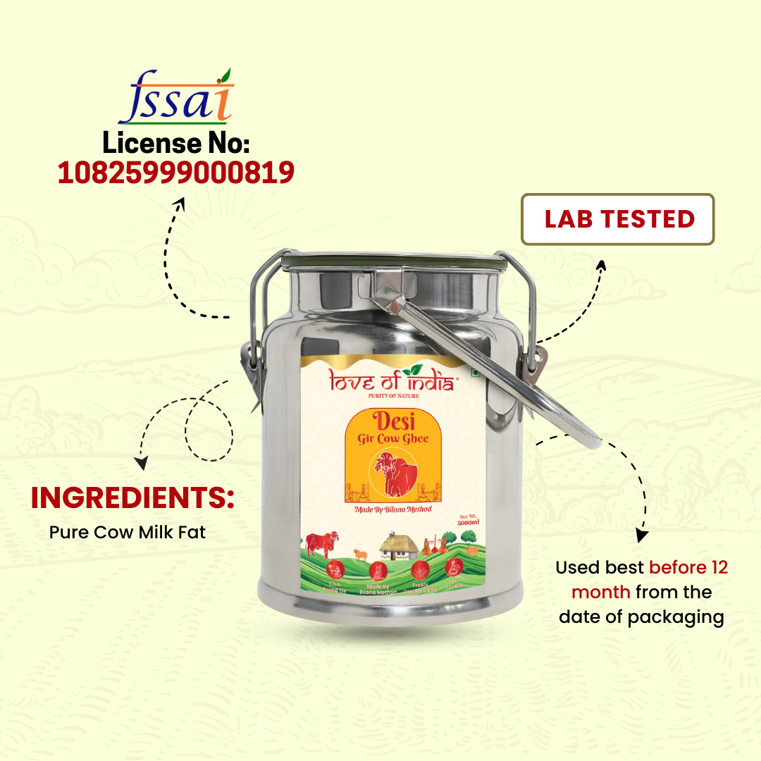 Desi Vedic Gir Cow Ghee made by Bilona method | 5 Liter Desi Ghee Steel Can (Dolchi)