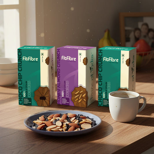 FitFibre Gluten Free Cookie Combo – Choco Chip Crunch (2 Packs) & Honey Almond Crunch (1 Pack) - 75gm each