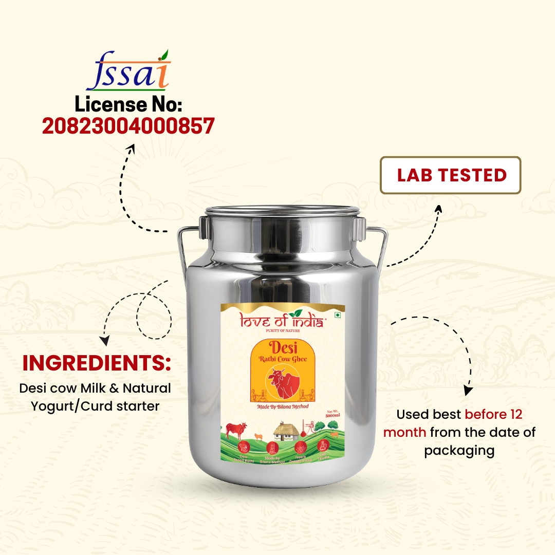 Desi Vedic Rathi Cow Ghee made by Bilona method | 5 Liter Desi Ghee Streel Can (Dolchi)