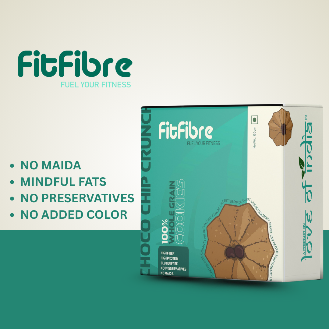 FitFibre Choco Chip Crunch Cookies | Gluten Free | No Maida | High Protein Snack - 130gm