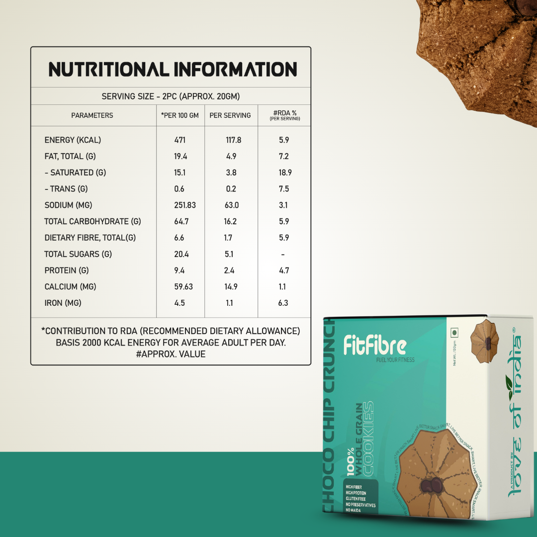 FitFibre Choco Chip Crunch Cookies | Gluten Free | No Maida | High Protein Snack - 130gm