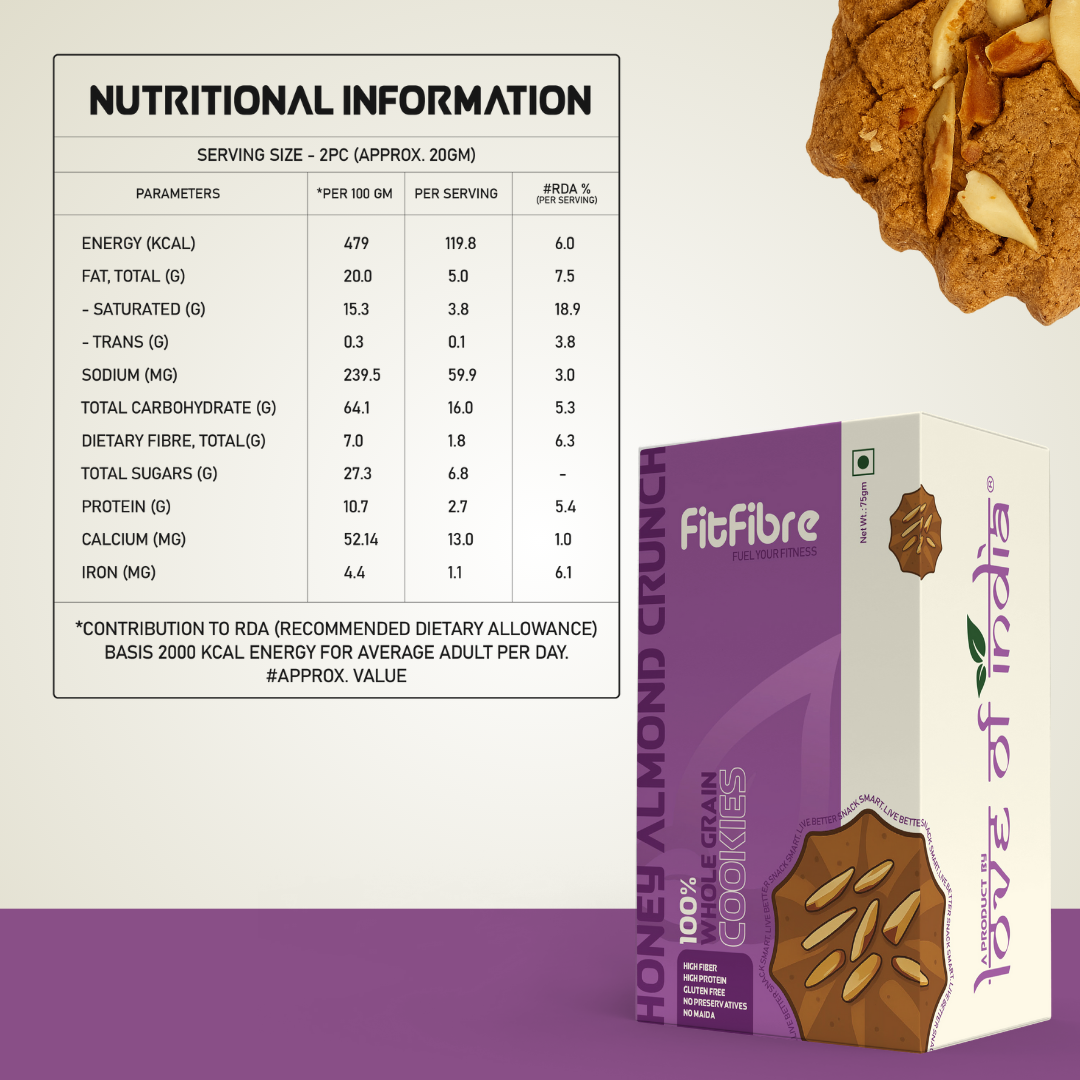 FitFibre Honey Almond Crunch Cookies | Gluten Free | No Maida | High Protein - 75gm
