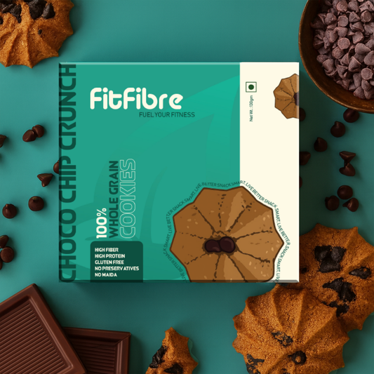 FitFibre Choco Chip Crunch Cookies | Gluten Free | No Maida | High Protein Snack - 130gm