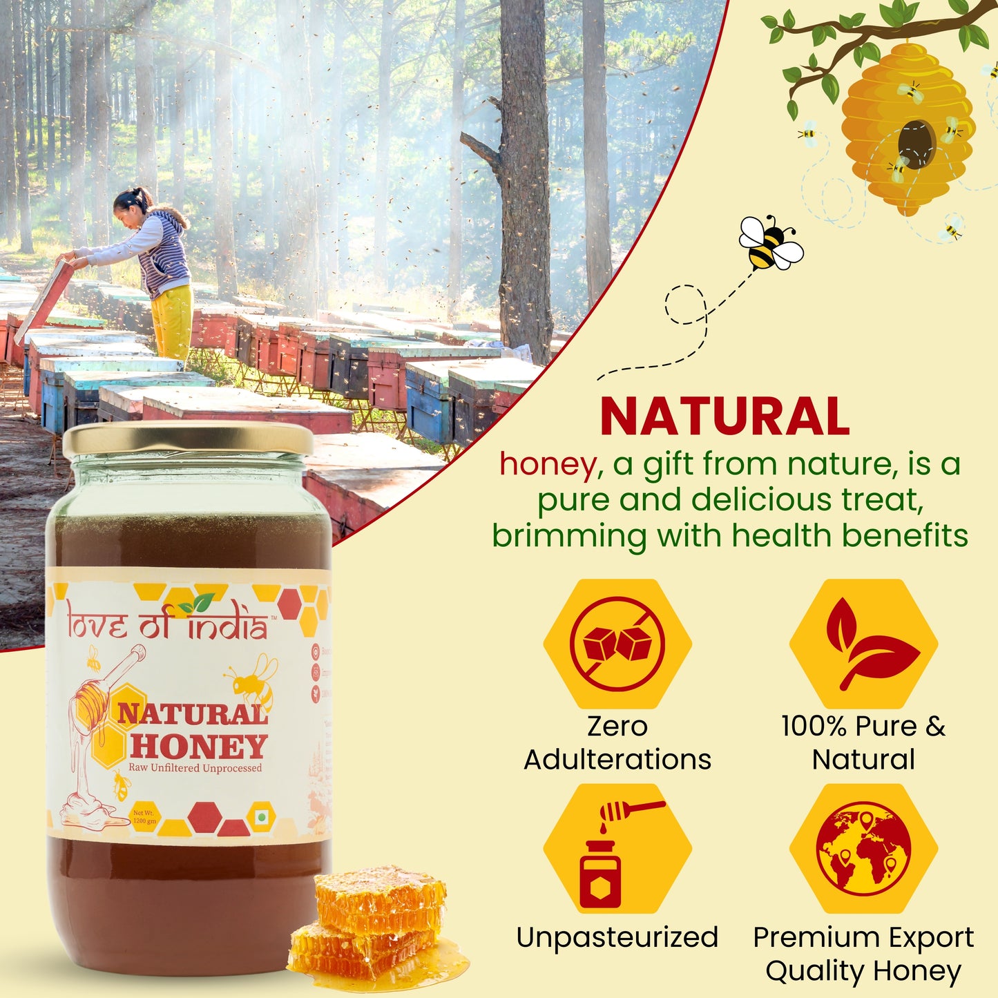 Natural Honey (Raw, Unfiltered, Unprocessed & Non-Pasteurised)