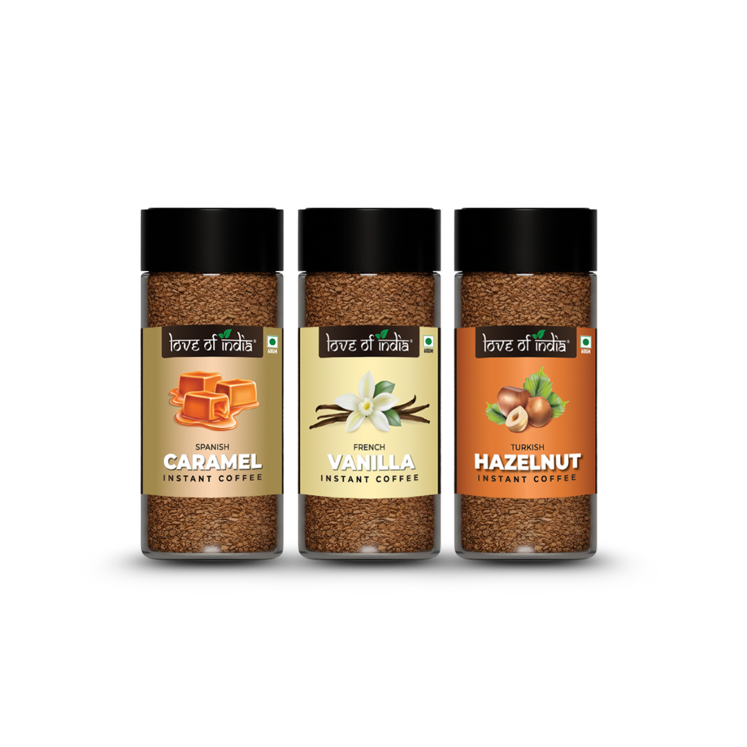Love of India Assorted Flavoured Coffee Combo – Hazelnut, Caramel & Vanilla | Instant Gourmet Coffee
