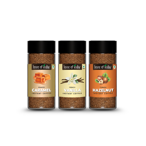 Love of India Assorted Flavoured Coffee Combo – Hazelnut, Caramel & Vanilla | Instant Gourmet Coffee
