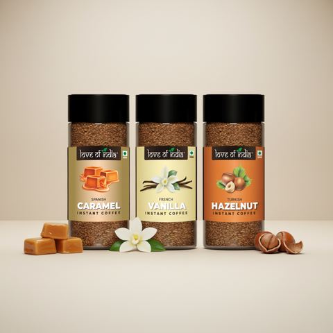 Love of India Assorted Flavoured Coffee Combo – Hazelnut, Caramel & Vanilla | Instant Gourmet Coffee