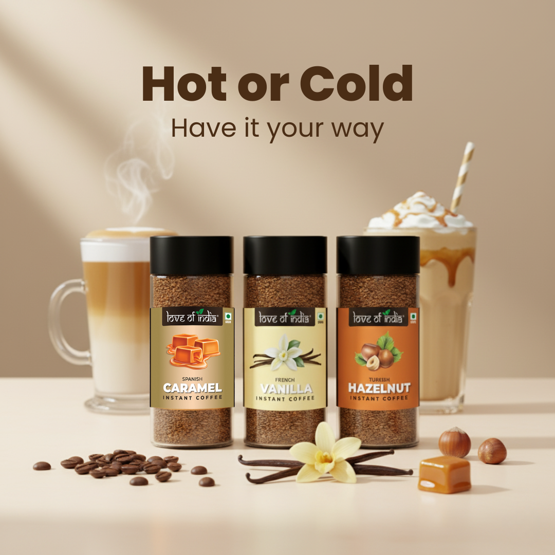 Love of India Assorted Flavoured Coffee Combo – Hazelnut, Caramel & Vanilla | Instant Gourmet Coffee