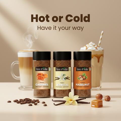Love of India Assorted Flavoured Coffee Combo – Hazelnut, Caramel & Vanilla | Instant Gourmet Coffee