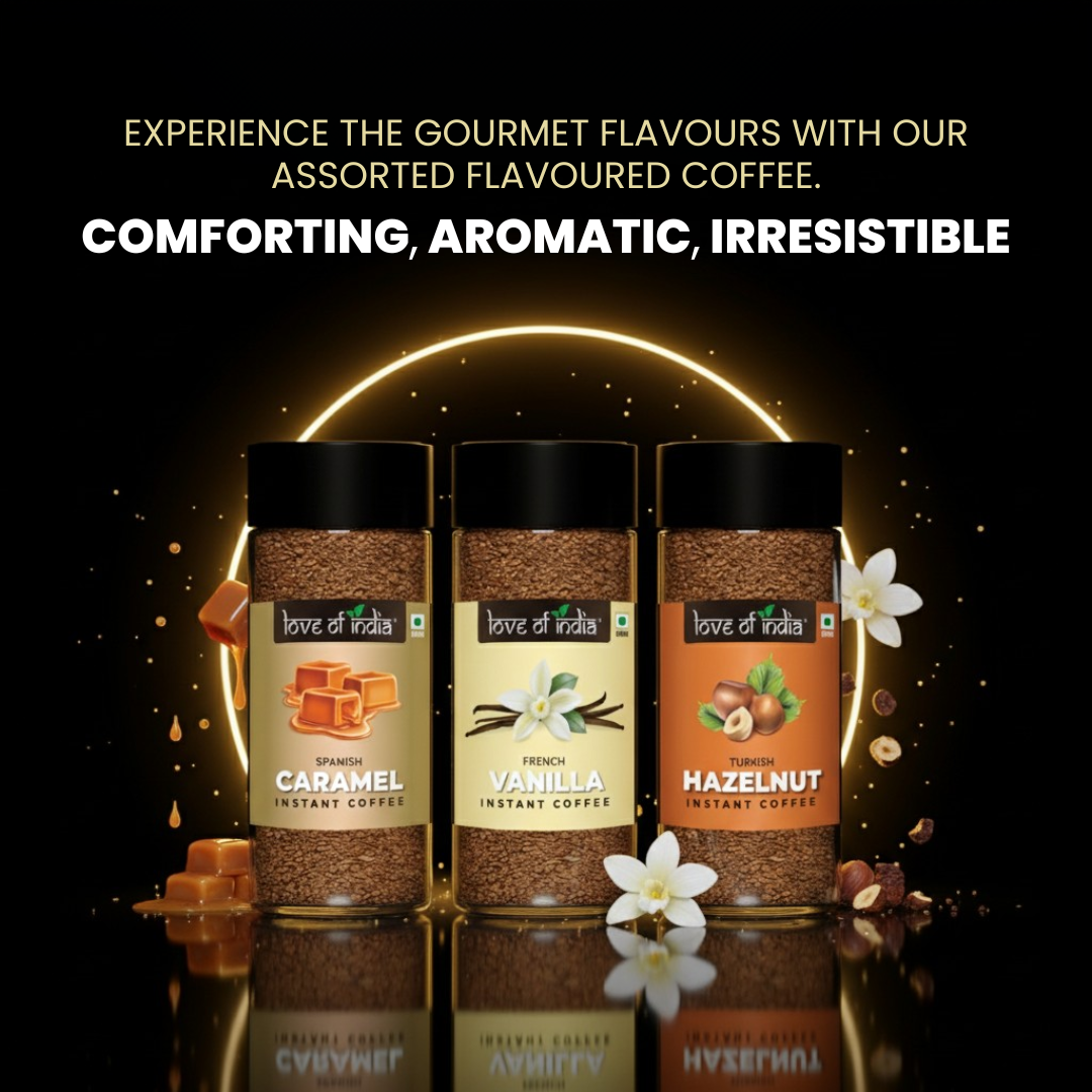 Love of India Assorted Flavoured Coffee Combo – Hazelnut, Caramel & Vanilla | Instant Gourmet Coffee