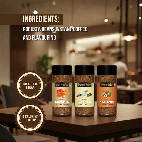 Love of India Assorted Flavoured Coffee Combo – Hazelnut, Caramel & Vanilla | Instant Gourmet Coffee