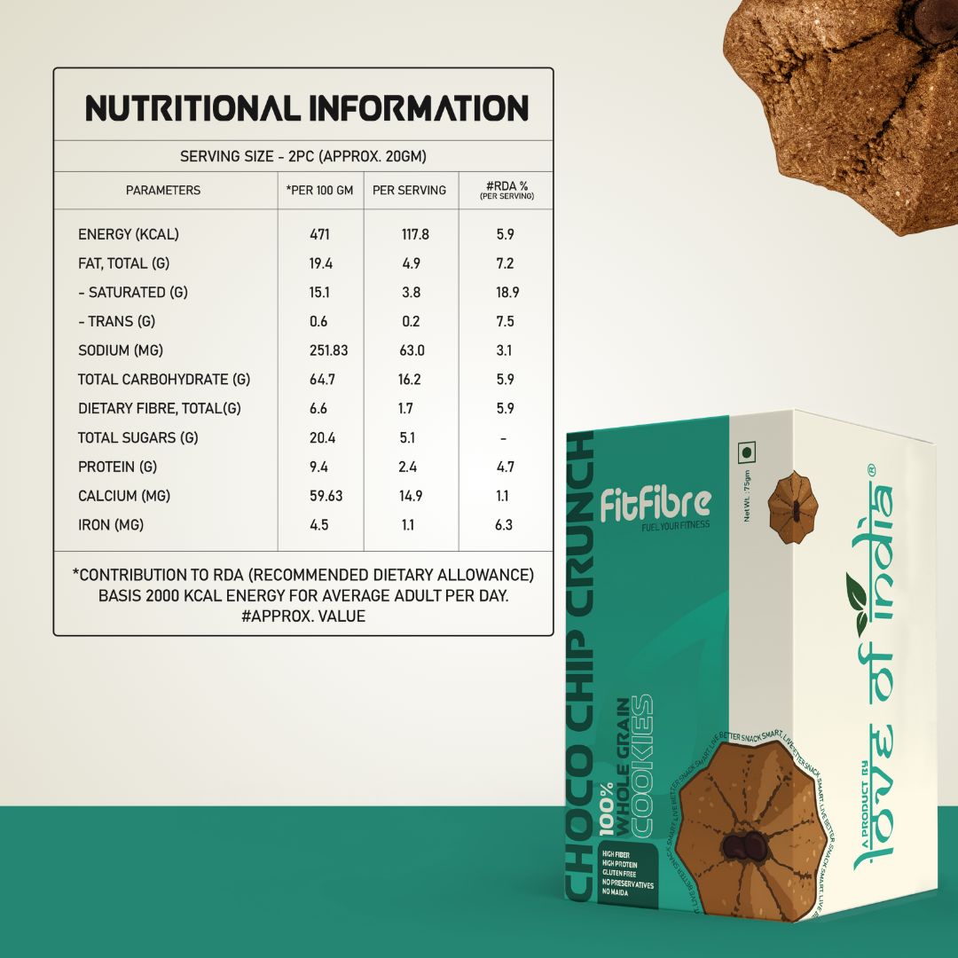 FitFibre Choco Chip Crunch Cookies | Gluten Free | No Maida | High Protein Snack - 75gm