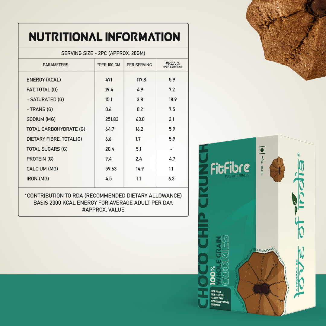 FitFibre Gluten Free Cookie Combo – Choco Chip Crunch (2 Packs) & Honey Almond Crunch (1 Pack) - 75gm each
