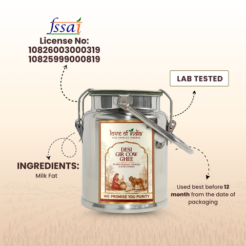 Desi Vedic Gir Cow Ghee made by Bilona method | 5 Liter Desi Ghee Steel Can (Dolchi)