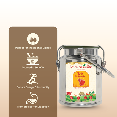 Desi Vedic Gir Cow Ghee made by Bilona method | 5 Liter Desi Ghee Steel Can (Dolchi)