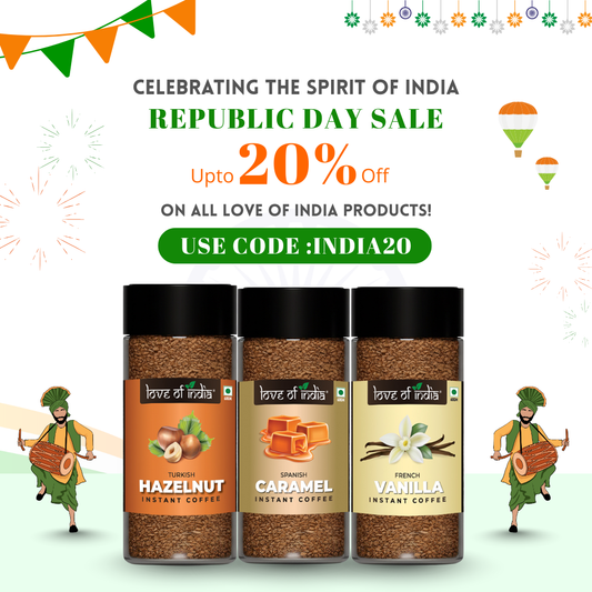 Love of India Assorted Flavoured Coffee Combo – Hazelnut, Caramel & Vanilla | Instant Gourmet Coffee