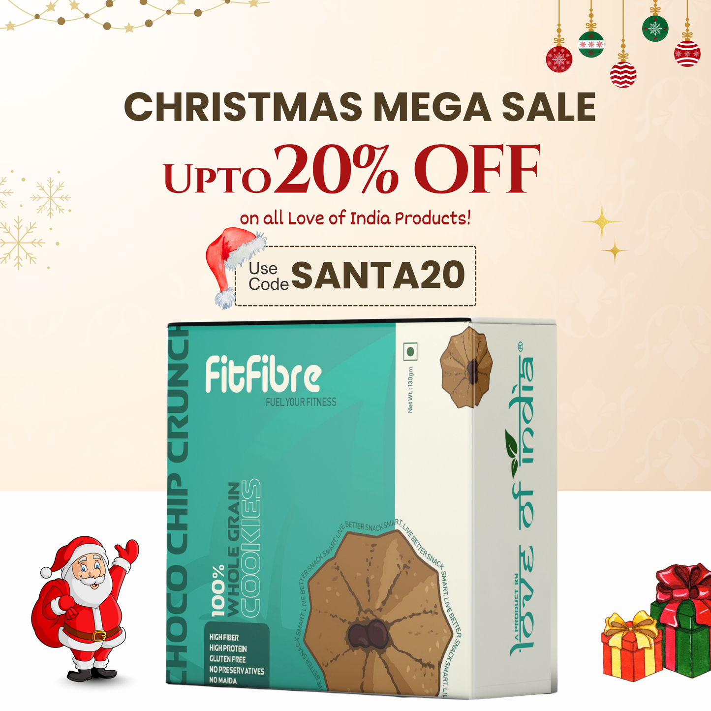 FitFibre Choco Chip Crunch Cookies | Gluten Free | No Maida | High Protein Snack - 130gm