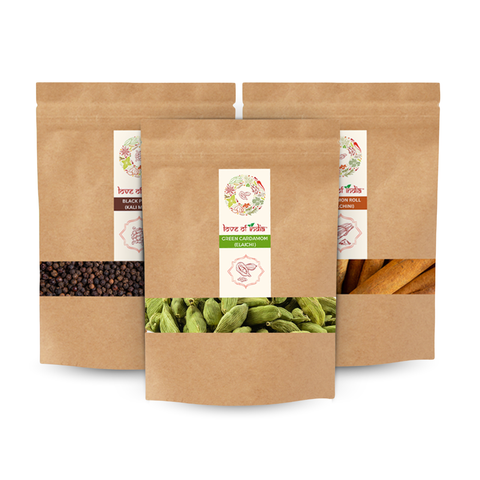 Love of India Premium Whole Spices Combo – Elaichi, Cinnamon & Black Pepper | Pack of 3 (150g)