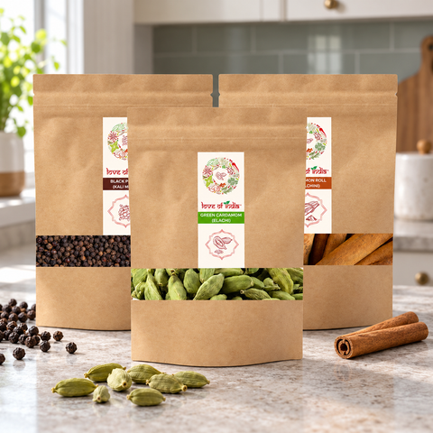 Love of India Premium Whole Spices Combo – Elaichi, Cinnamon & Black Pepper | Pack of 3 (150g)