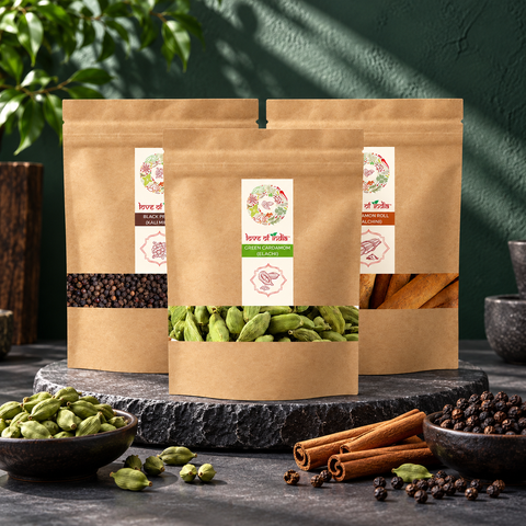 Love of India Premium Whole Spices Combo – Elaichi, Cinnamon & Black Pepper | Pack of 3 (150g)